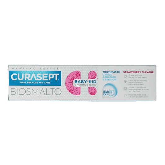 Curasept Biosmalto toothpaste for children with caries and erosion protection, 50ml tube showing the packaging and product label.