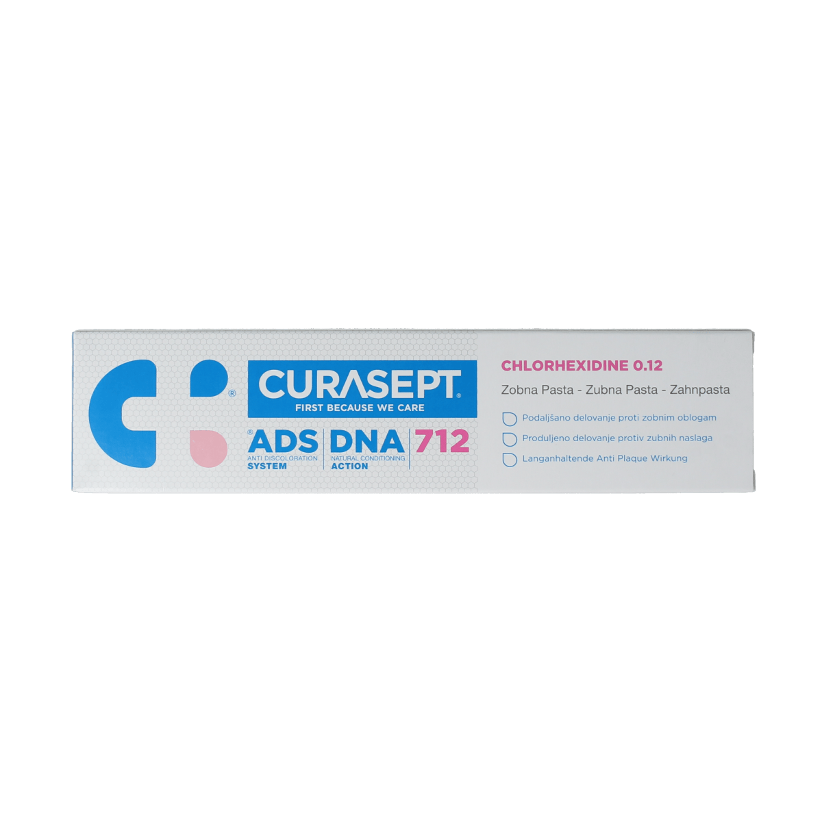 Curasept ADS DNA 712 CHX 0.12% gel toothpaste in 75ml tube, showing the tube and packaging with product branding.