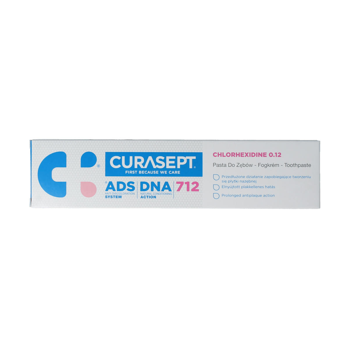 Curasept ADS DNA 712 CHX 0.12% gel toothpaste in 75ml tube, showing the packaging and product label.