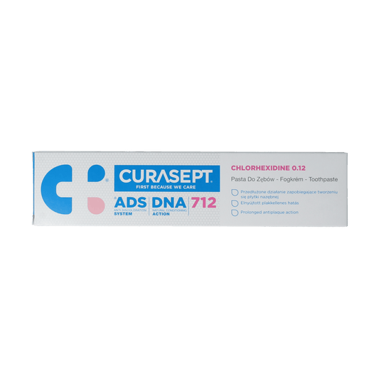 Curasept ADS DNA 712 CHX 0.12% gel toothpaste in 75ml tube, showing the packaging and product label.