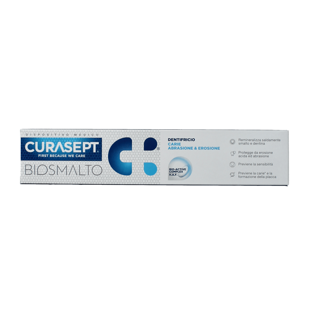 Curasept Biosmalto toothpaste for caries, wear, and erosion, 75 ml tube with white and blue packaging visible.