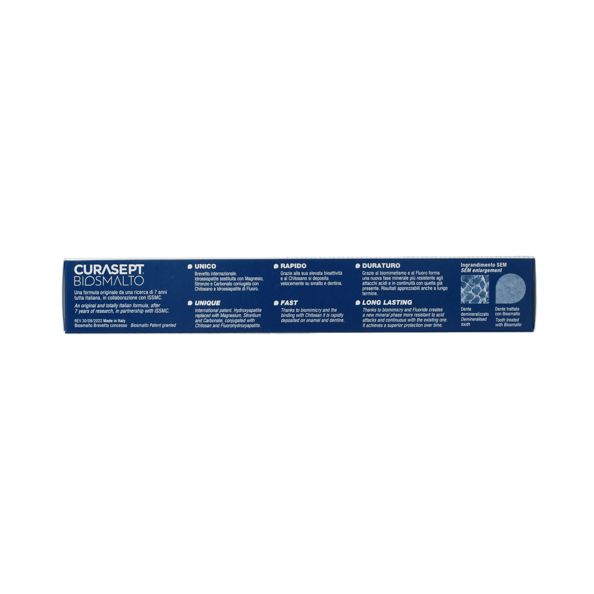 Curasept Biosmalto toothpaste in 75ml tube, designed to protect against caries, wear, and erosion, with white and blue packaging.