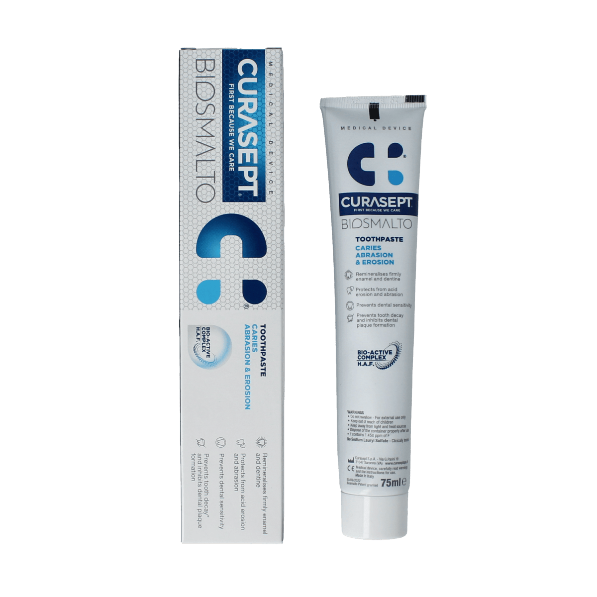 Curasept Biosmalto toothpaste for caries, wear, and erosion, 75ml tube showing the product packaging and branding.