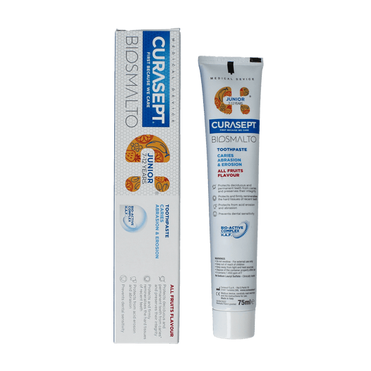Curasept Biosmalto junior toothpaste for cavities, erosion, and wear, 75ml tube, featuring a colorful child's dental care packaging.