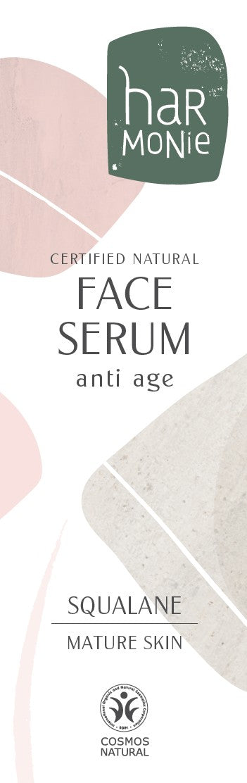 Harmonie Face Serum Anti-Age 30ml in a clear glass bottle, featuring a pump dispenser, designed for youthful, radiant skin.