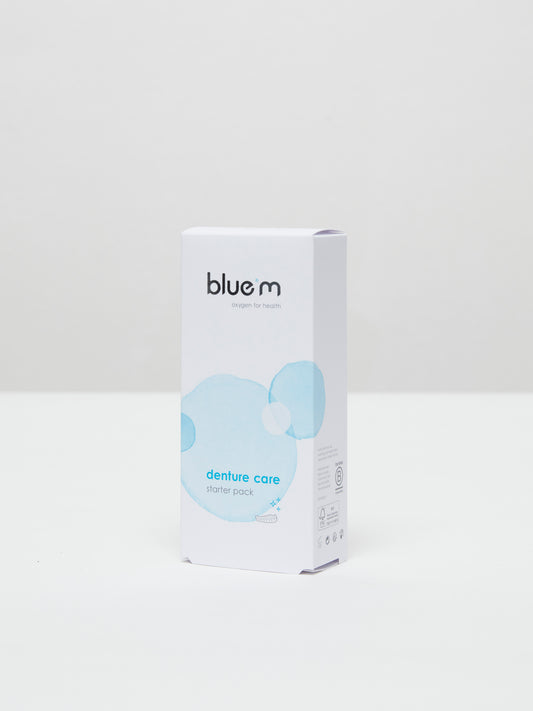 Bluem Denture Care Pack with 24 prosthesis cleaning tablets and accessories for maintaining dental prostheses.
