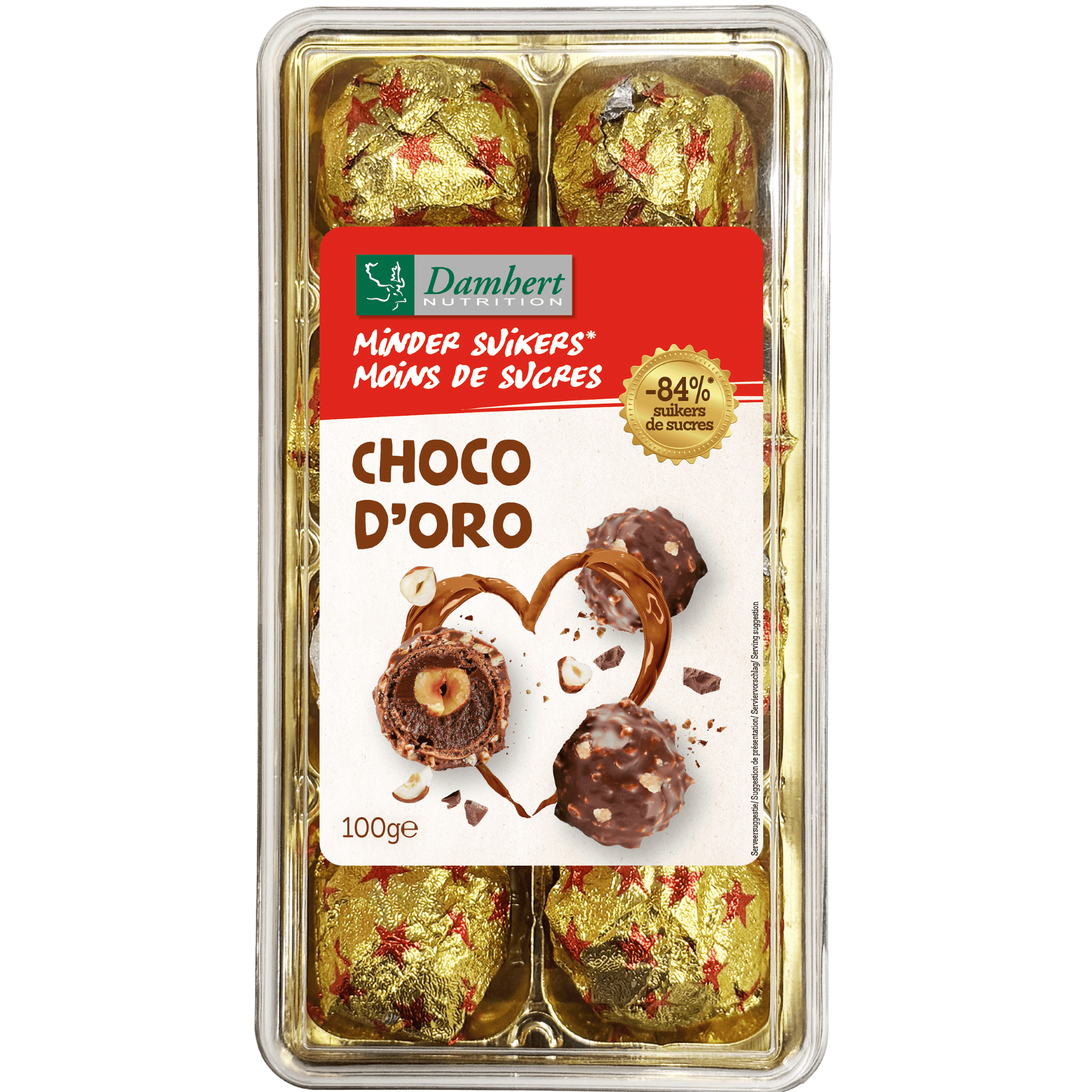 Damhert Choco Doro Minder Suiker chocolate bar, 100g, showing a piece of dark chocolate with a smooth surface