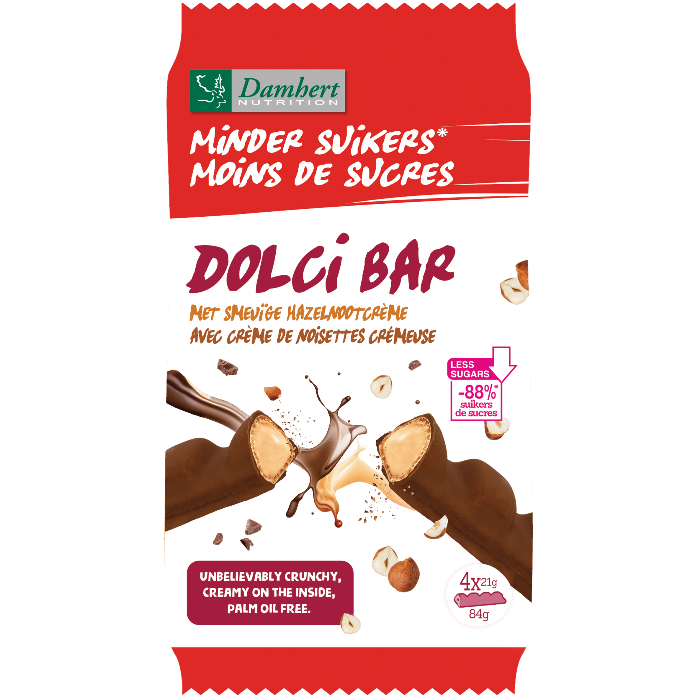 Damhert Dolci chocolate bar with reduced sugars, 84 grams, featuring a smooth chocolate surface and branding details.