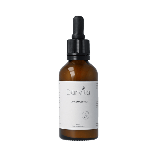 Darvita D3+K2 liposomaal vitamin supplement in a 50ml bottle, showing the product bottle and label with brand name.