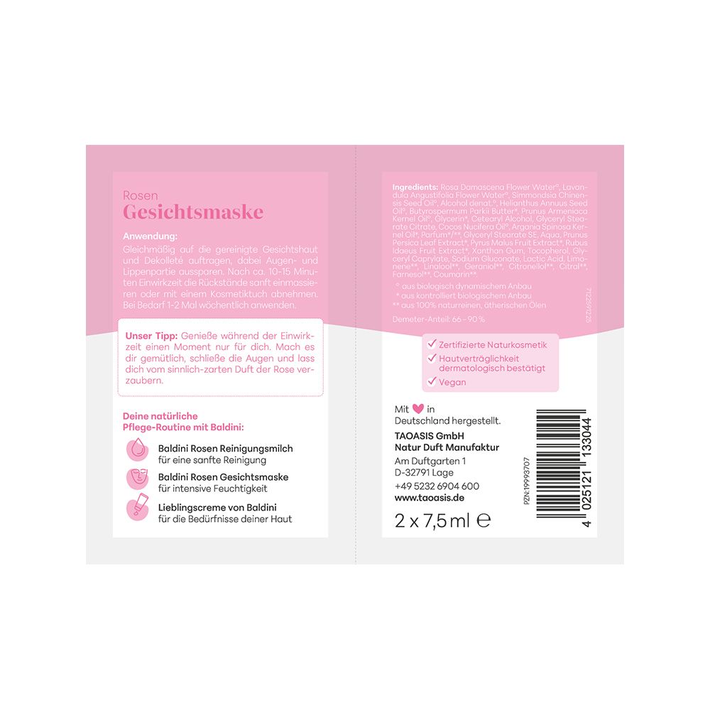 Baldini Rose Bio Demeter gezichtsmasker in 15ml tube, front view showing label and product packaging for facial skincare.