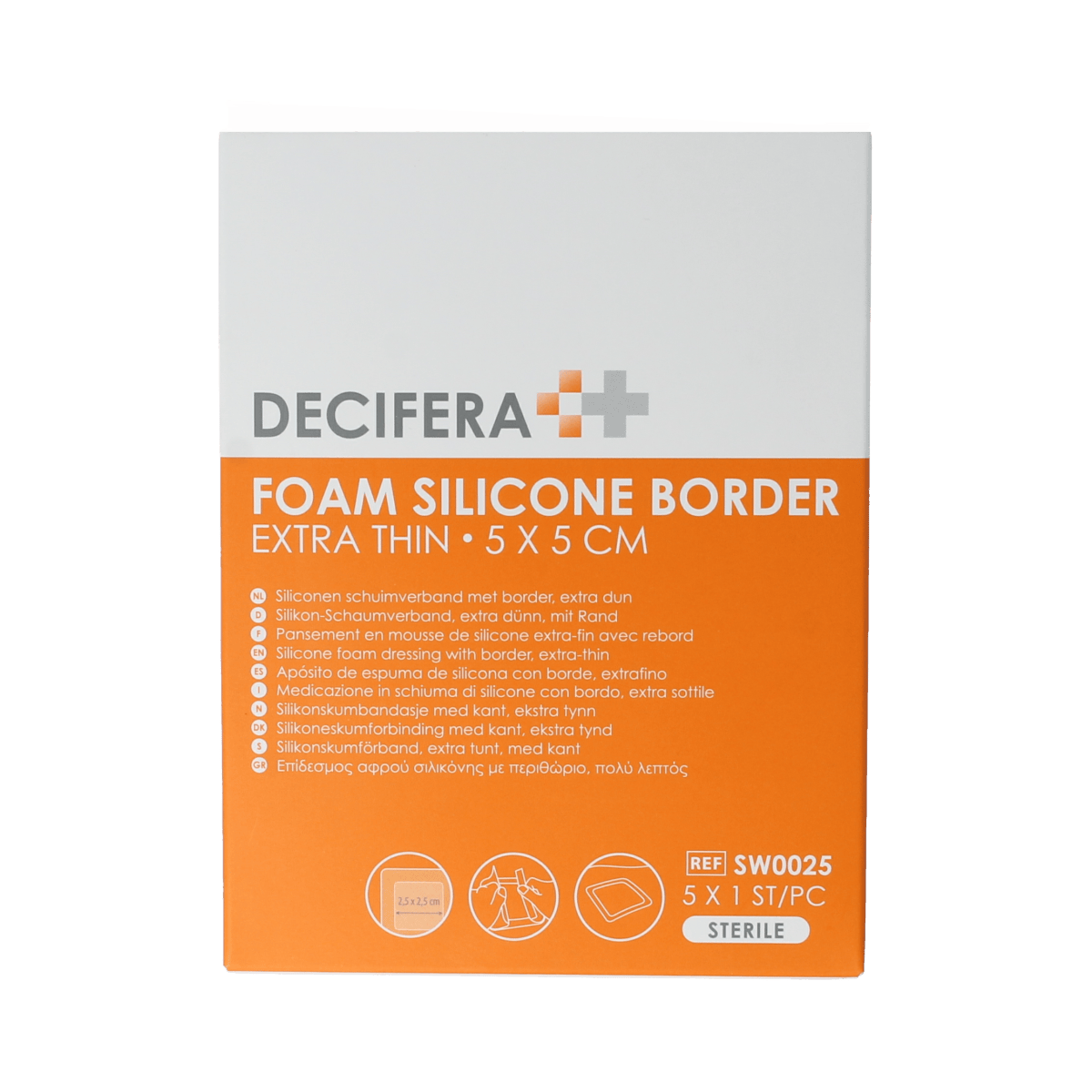 Decifera foam silicone border disinfectant pads, extra thin 5x5cm, pack of 5 for wound cleaning and protection.