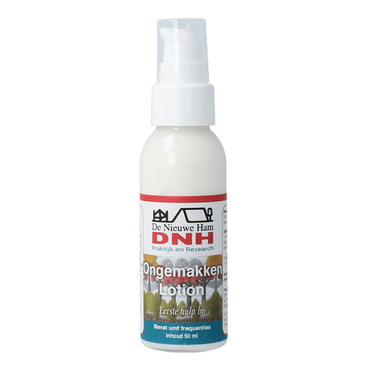 DNH Ongemakken lotion 50ml, a body care product with soothing ingredients displayed in a clear bottle.