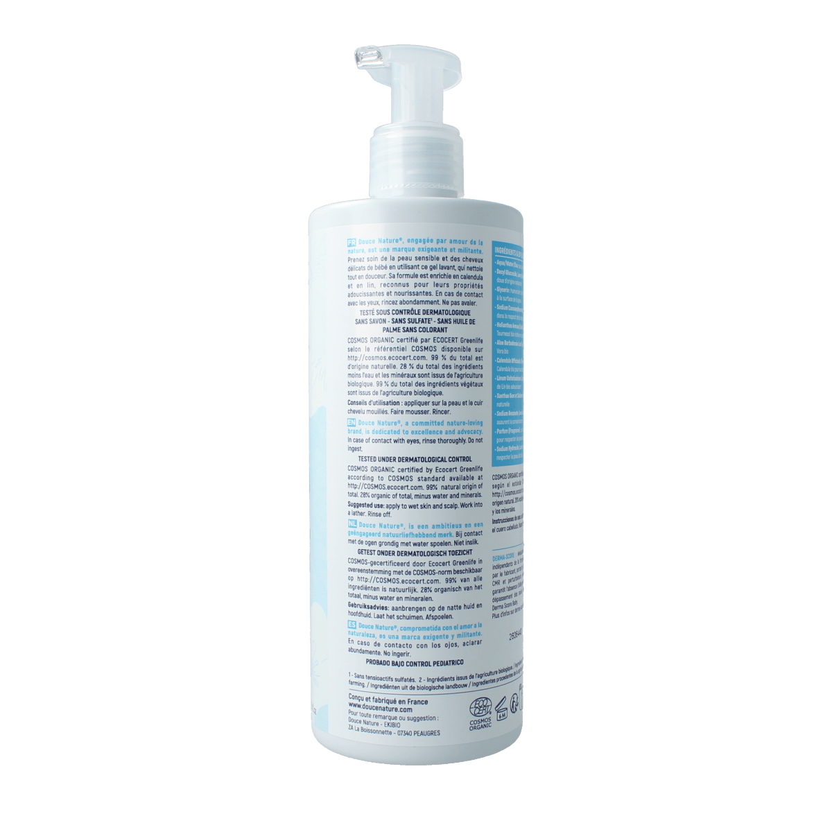 Douce Nature Baby body and hair wash bottle with white and green label, 400ml, gentle organic baby skincare product.