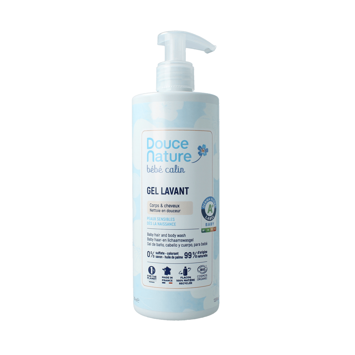 Douce Nature Baby body and hair wash bottle with pump, 400ml, natural organic baby care product from Douce Nature.