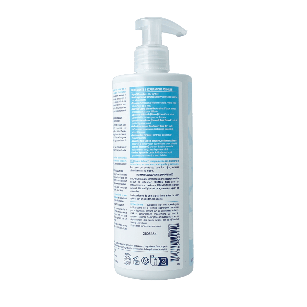 Douce Nature Baby face and body cleansing water in a 400ml bottle, gentle and organic skincare for infants and toddlers.