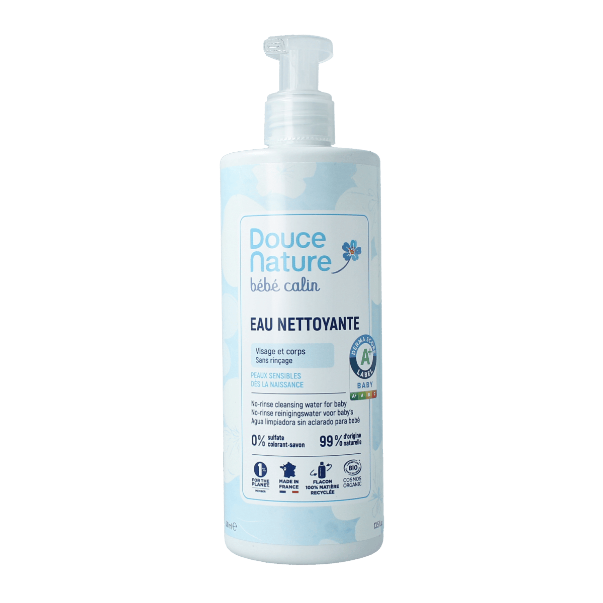 Douce Nature Baby face and body cleansing water in 400ml bottle, natural bio skincare for infants and toddlers.