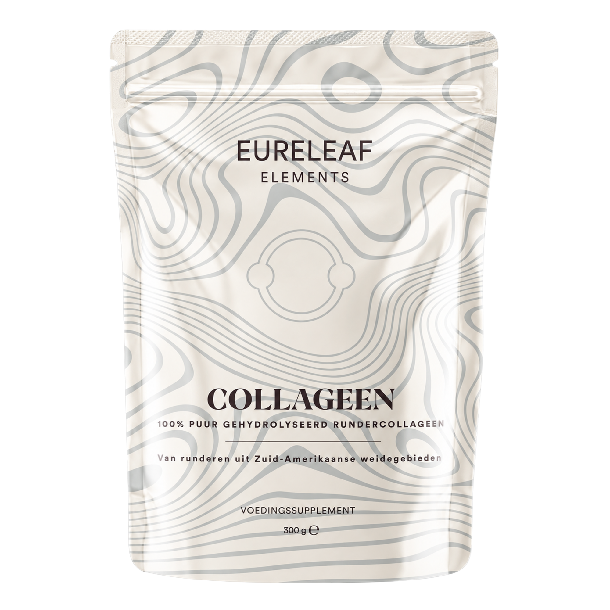 Elements Collageen gehydrolyseerde collageenpeptiden aminozuren supplement, 300g container with powder inside.