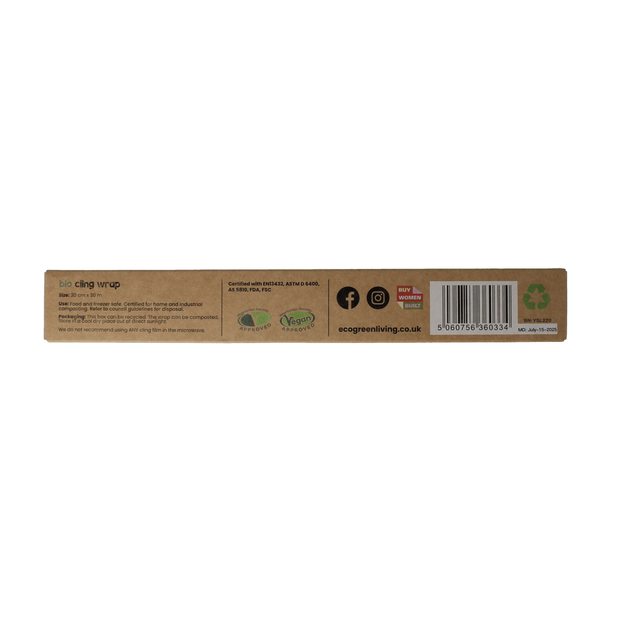 Eco Green Living kitchen cling film roll, 30 meters, for food wrapping and storage, eco-friendly cooking and dining supplies.