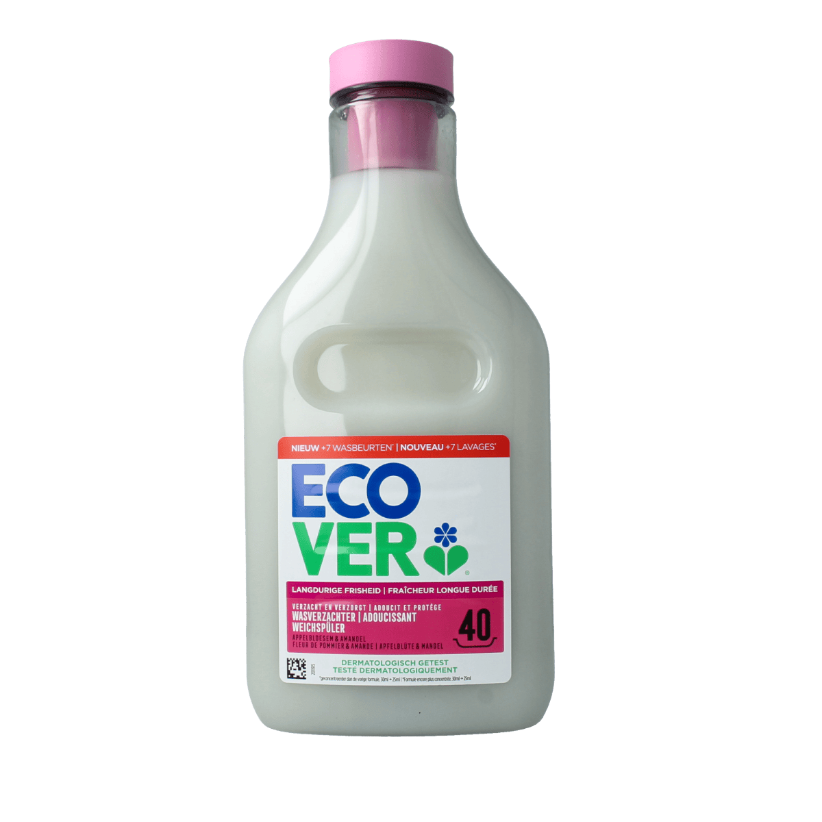 Ecover wasverzachter concentrate with apple blossom and almond scent in a 1-liter bottle, for softening and freshening laundry.
