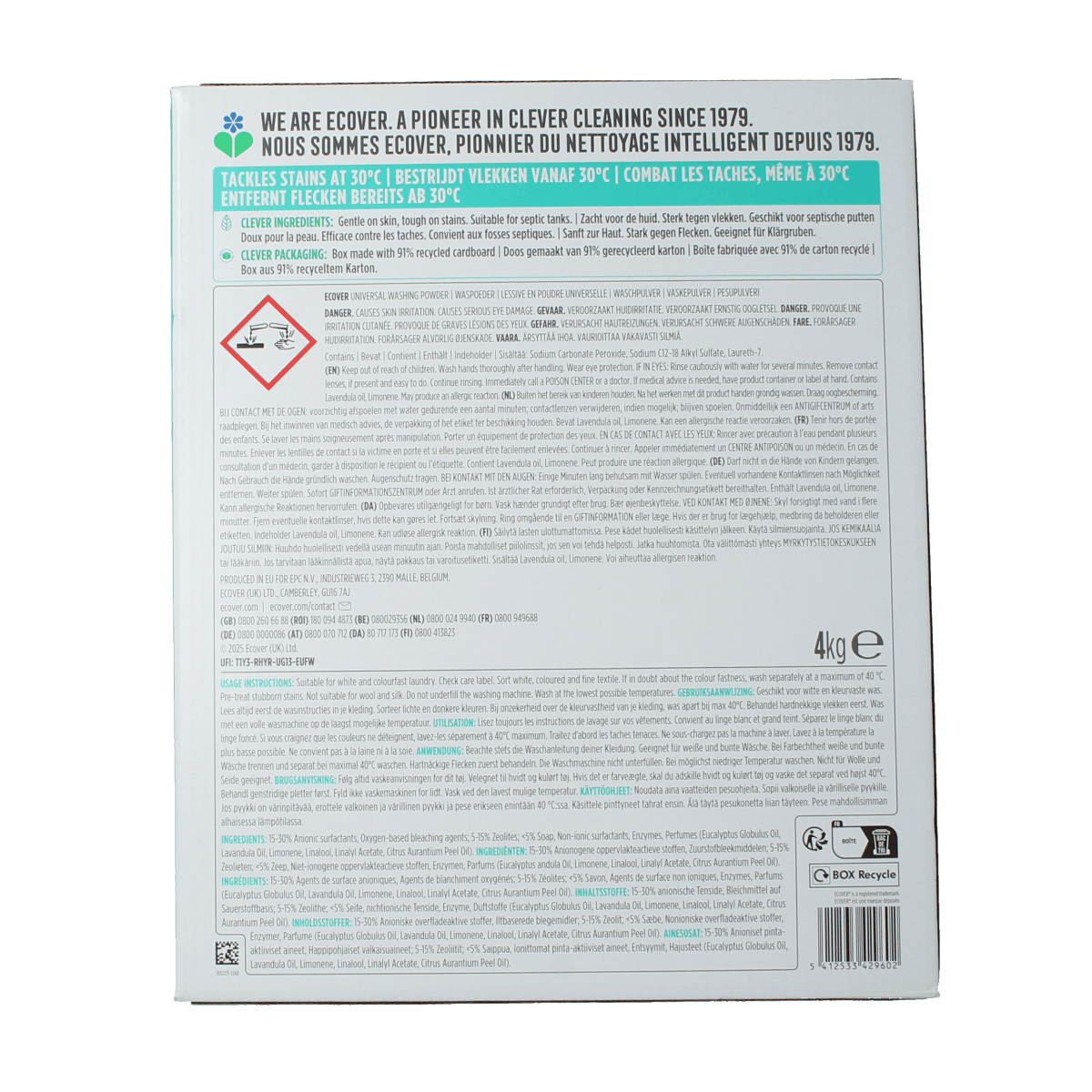Ecover Waspoeder universal 4000g box of laundry powder for all types of washable fabrics.