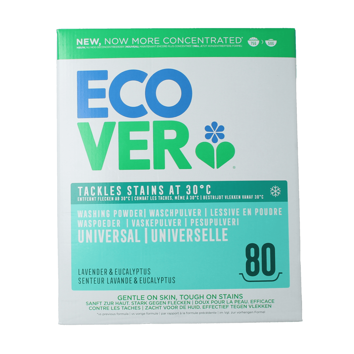 Ecover Waspoeder universal 4000g, eco-friendly laundry powder for all types of fabrics, in a large white and green bag