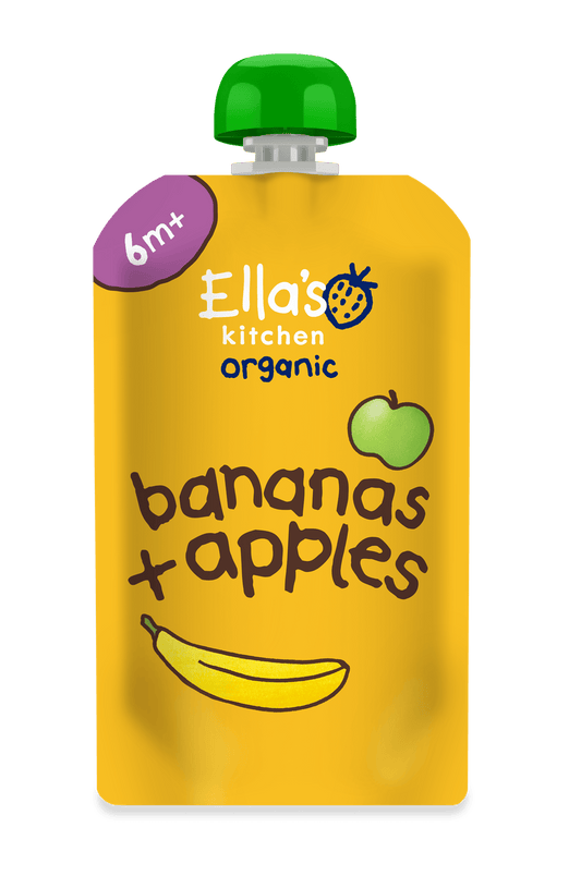 Ella's Kitchen baby and toddler organic banana and apple puree in 120g jar, natural fruit blend for children.