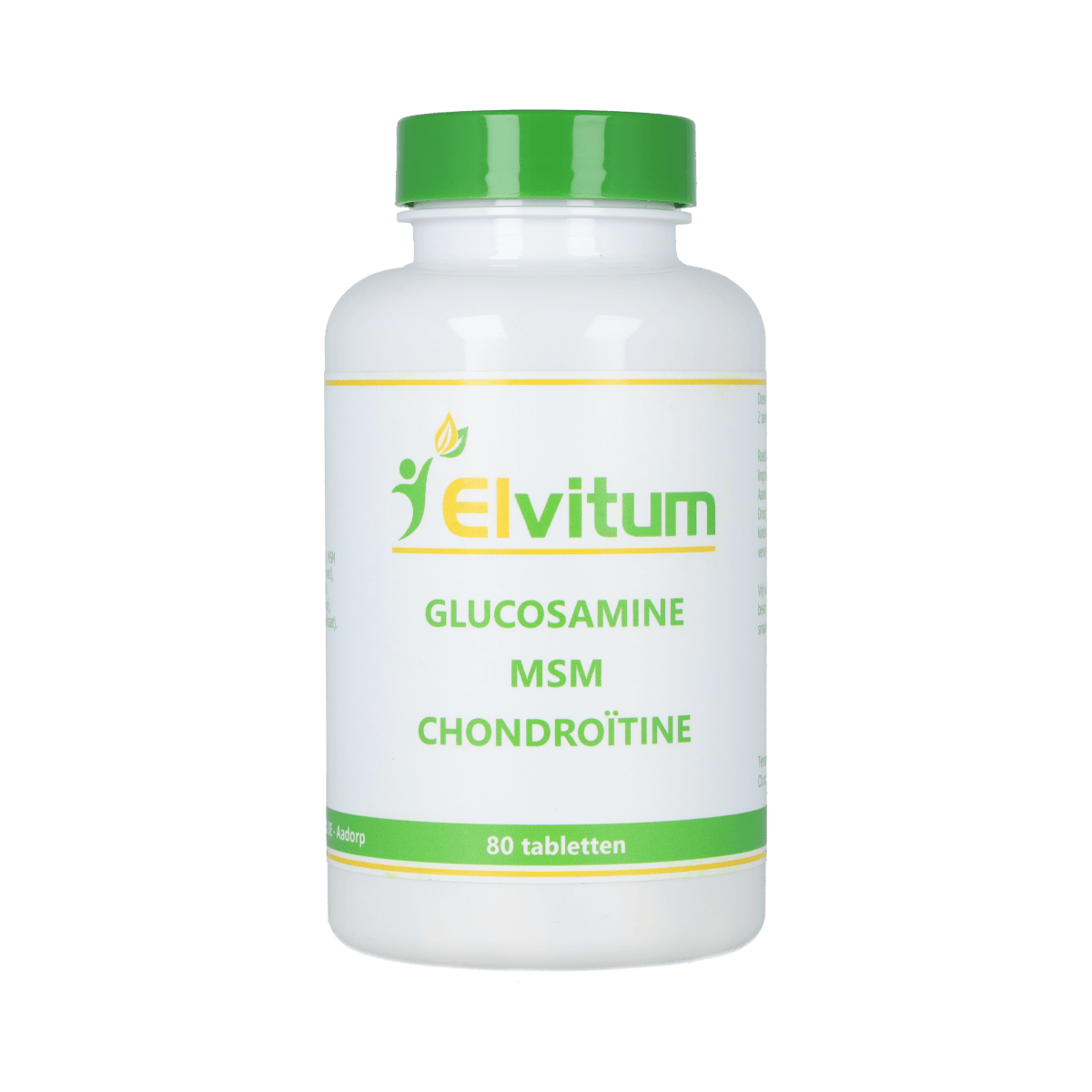 Elvitum Glucosamine MSM Chondroitine supplement bottles with tablets, dietary supplement for joint support by Elvitum.