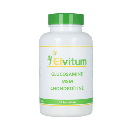 Elvitum Glucosamine MSM Chondroitine supplement bottles with tablets, dietary supplement for joint support by Elvitum.