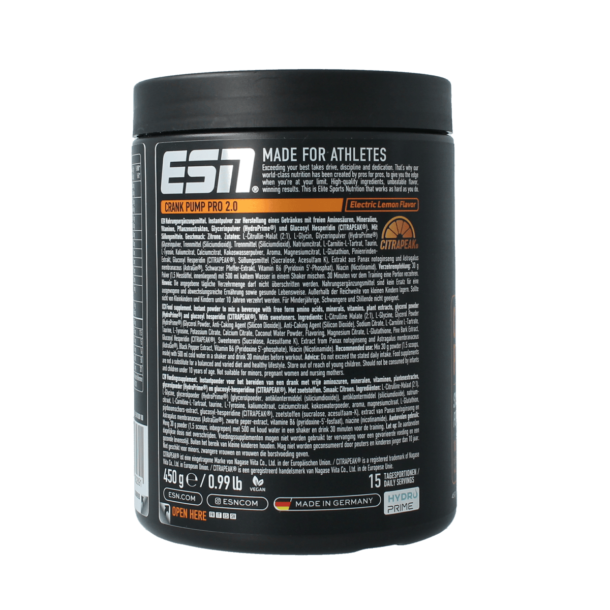 ESN Crank Pump Pro 2.0 electric lemon amino acids supplement in a 450g container, designed for muscle recovery and performance.