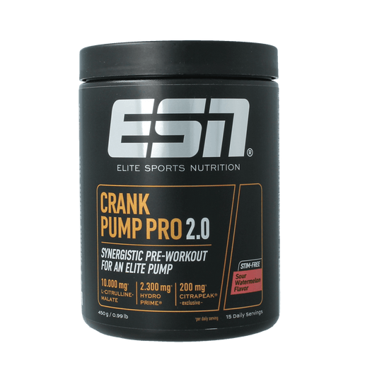 ESN Crank Pump Pro 2.0 Sour Watermelon amino acids 450g container, supplement with flavor and nutrient-rich formula.