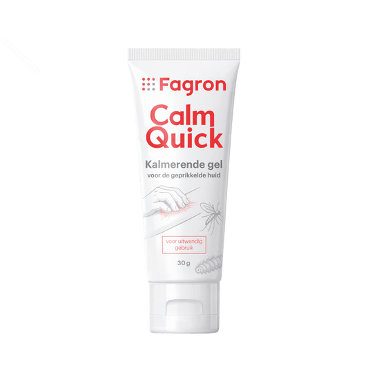 Fagron CalmQuick calming gel for irritated skin in 30g tube, designed for travel use, with soothing and gentle application.