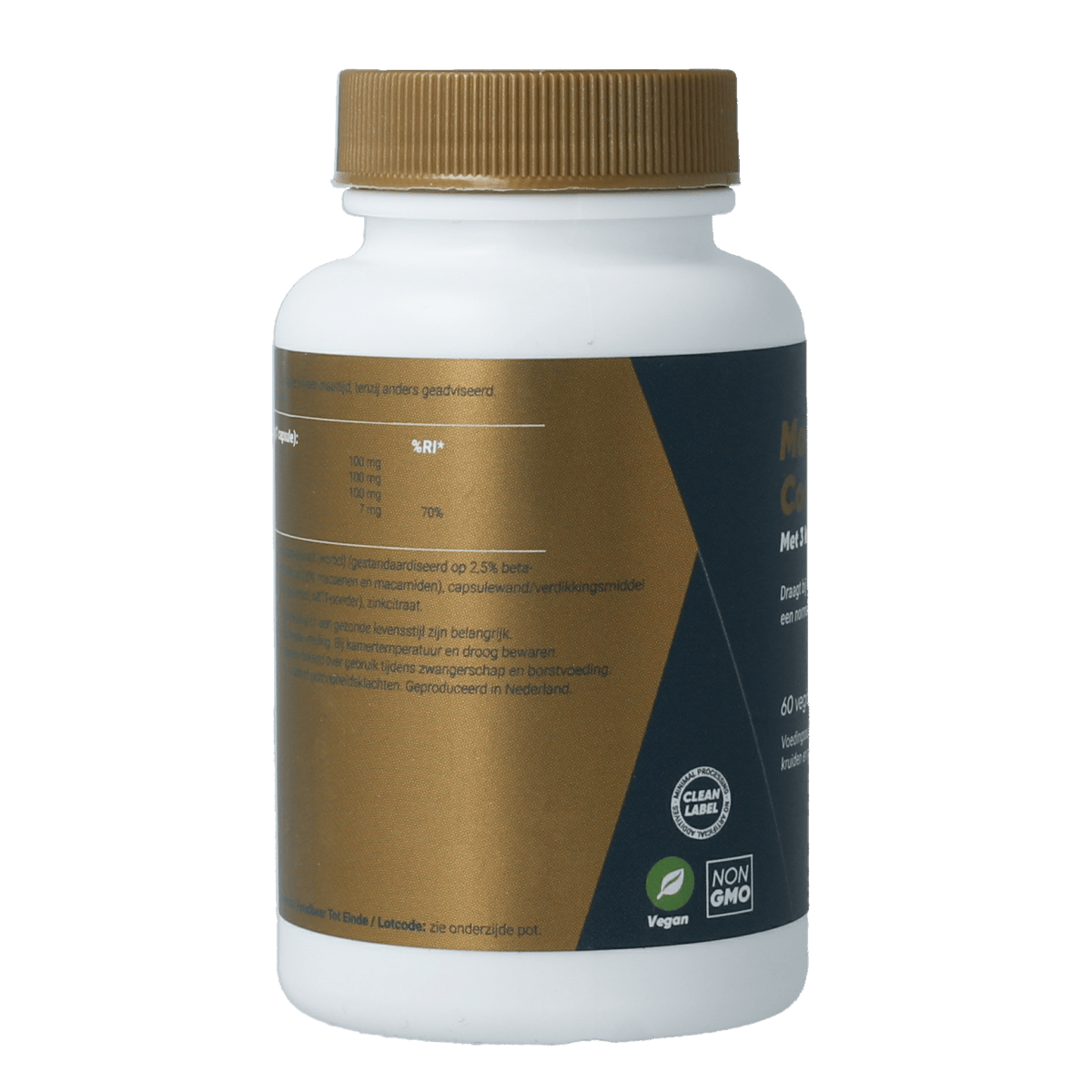 Fittergy Maca Optima Complex capsules, herbal supplement by Fittergy, displayed in a clear container with capsules inside.