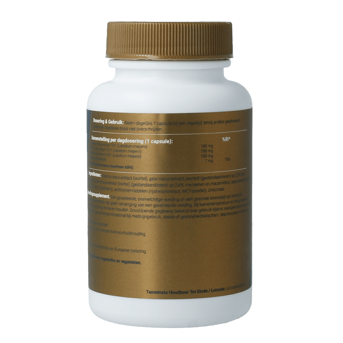 Fittergy Maca Optima Complex capsules, herbal supplement by Fittergy, 60 capsules in a transparent bottle with label.