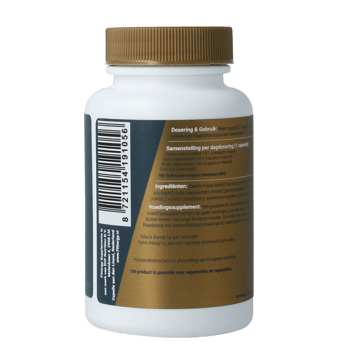 Fittergy Maca Optima Complex capsules, herbal supplement by Fittergy, shown in a bottle with 60 capsules on a white background.