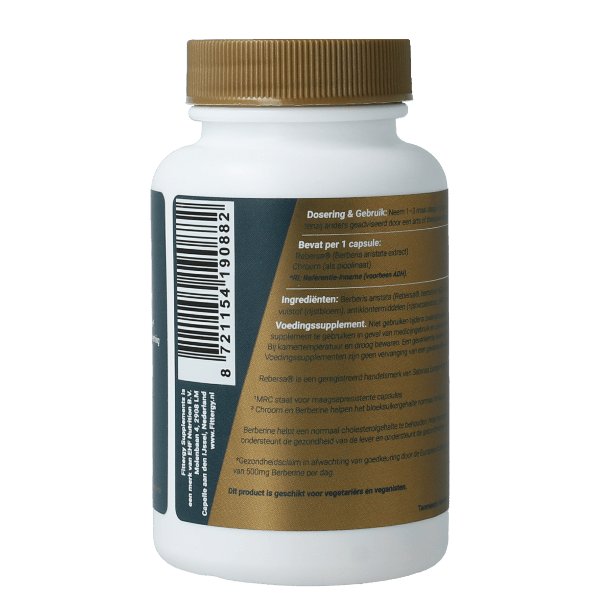 Fittergy Berberine Optima MRC vegetarian capsules, herbal supplement in a white bottle with label, for supporting health.