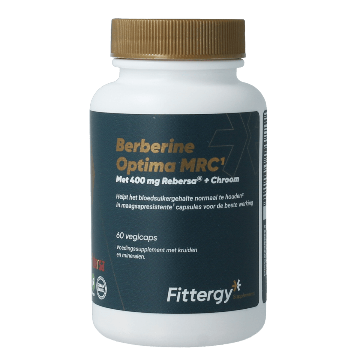 Fittergy Berberine Optima MRC vegetarian herbal capsules in a bottle, dietary supplement for wellness and digestion.