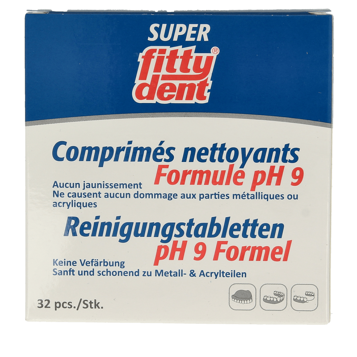 Fittydent Protheses Cleaning Tablets, 32 count, for denture cleaning, with the Fittydent brand name visible in the image.