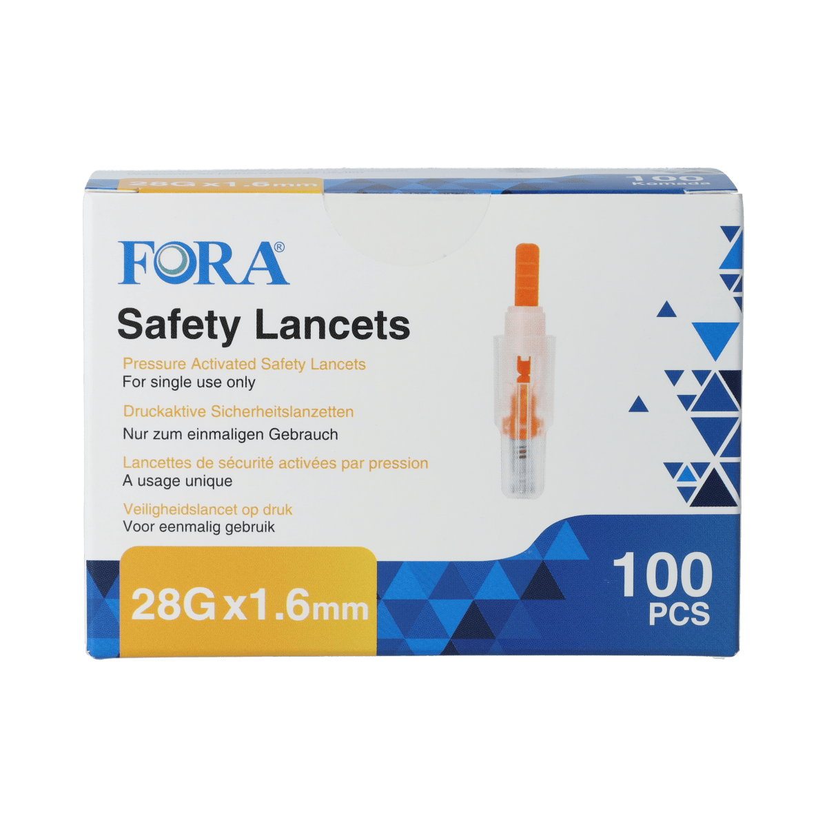 Fora Veiligheidslancetten 28G sterile lancets for blood sampling, displayed in a box with 100 safety lancets.