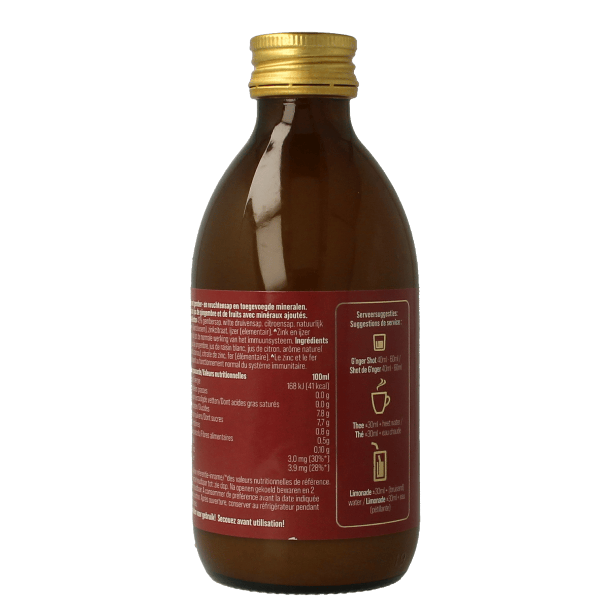 G'nger Shot gember vruchtensap immunity 250ml, natural ginger fruit juice in a clear bottle, promoting immunity.