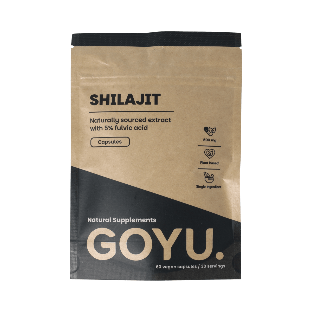 Goyu Shilajit extract 5% capsules, herbal supplement in a bottle, showing 60 capsules for natural wellness and energy support.