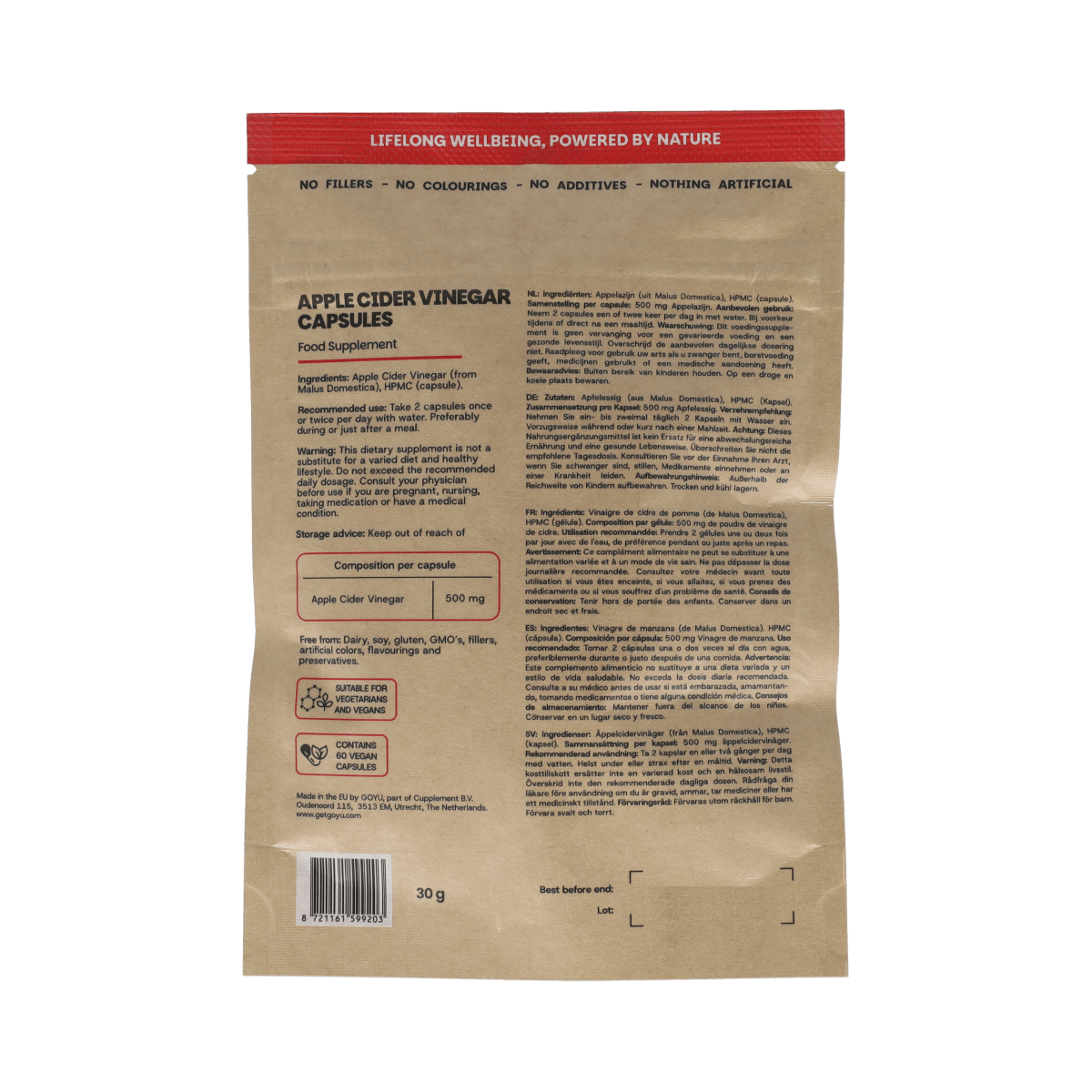 Goyu Appelazijn vegetarian capsules 500mg, herbal supplement in a white bottle with capsules visible inside.