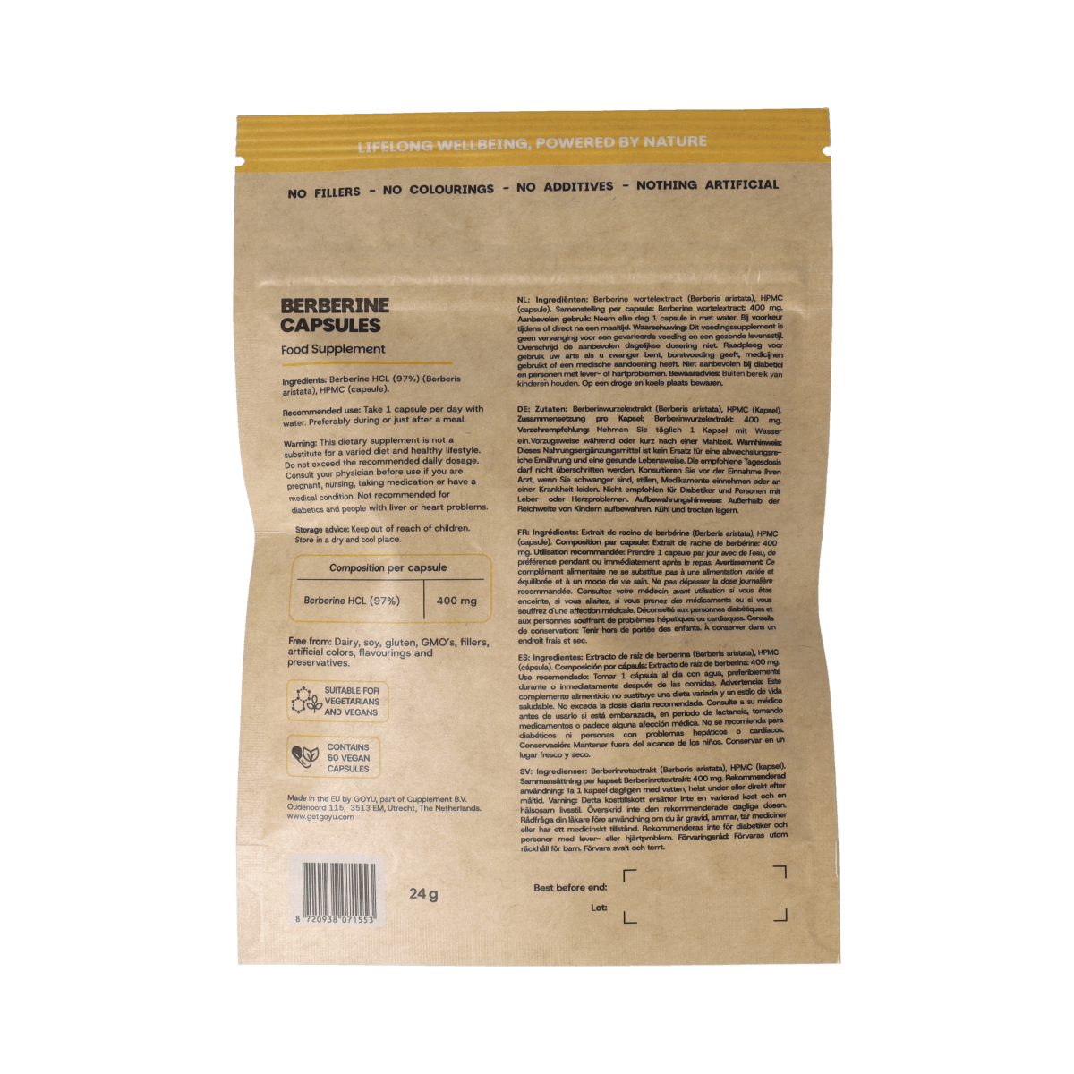 Goyu Berberine extract 400mg vegetarian capsules, dietary supplement, close-up of the bottle and capsules on a white background.