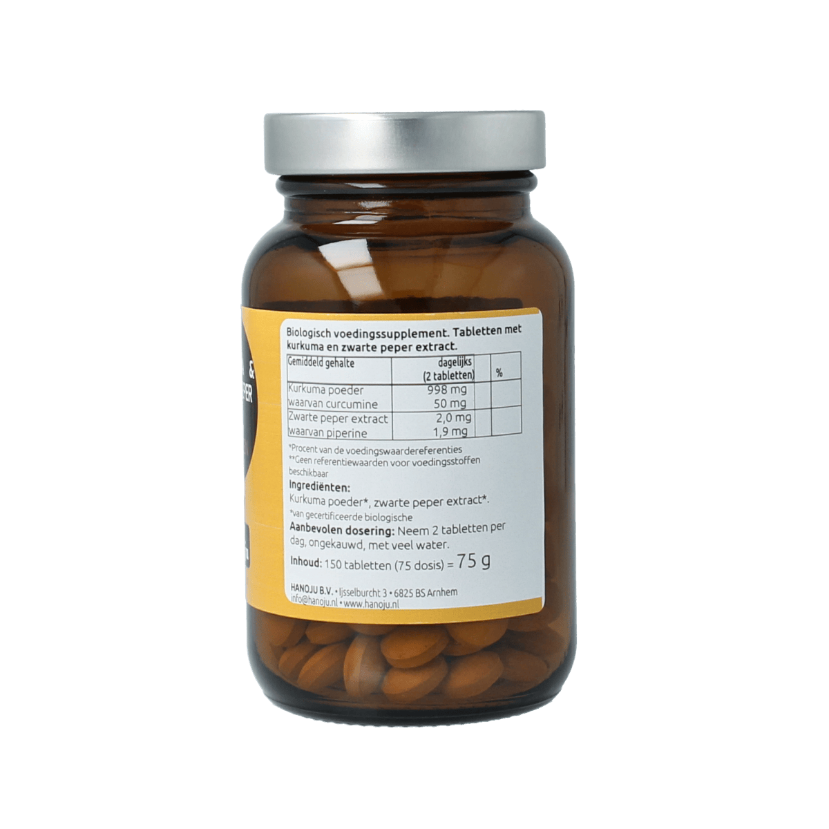 Hanoju Kurkumapoeder + piperine 500mg bio kruidenpreparaten, 150 tablets, natural turmeric and black pepper supplement.
