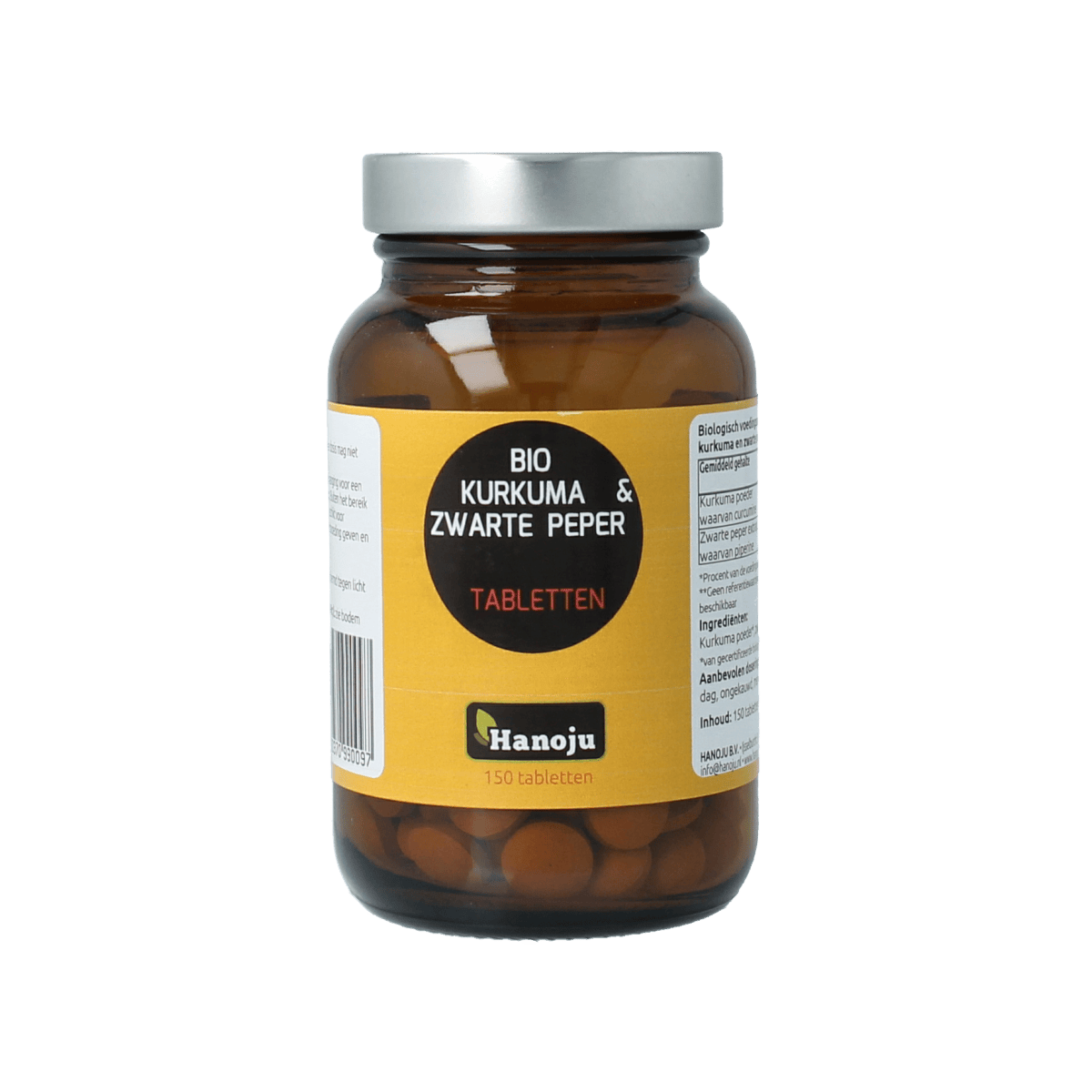 Hanoju Kurkumapoeder + piperine 500mg bio herbal tablets, natural turmeric and black pepper supplement in a bottle.