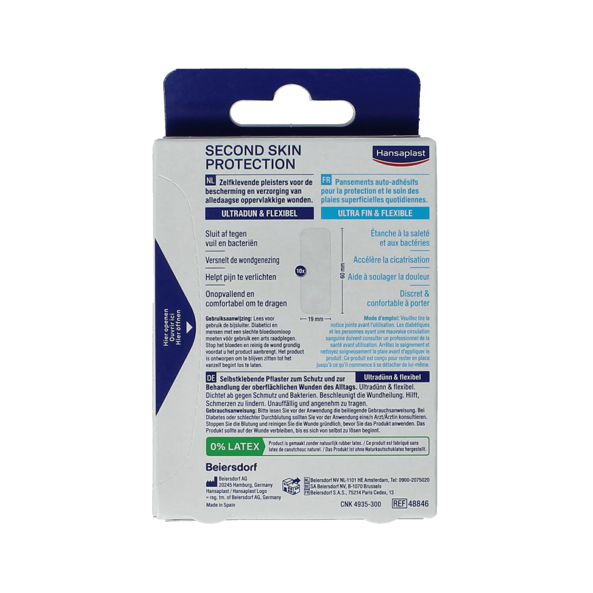 Hansaplast Second Skin Hydrocolloid Bandages in a box of 10, designed for wound protection and skin comfort.