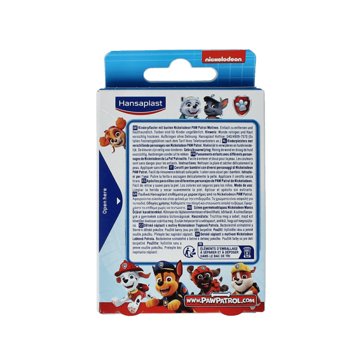 Hansaplast Kids Paw Patrol bandages and tape set, colorful adhesive plasters for children, featuring Paw Patrol characters.