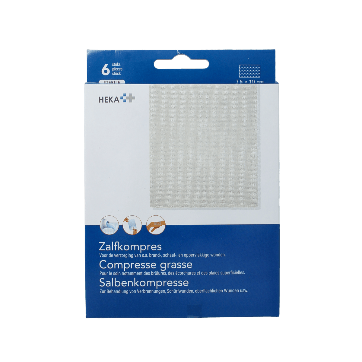 Sterile Heka Zalfcompres gauze pads, 7.5 x 10cm, pack of 6, for wound care and medical use