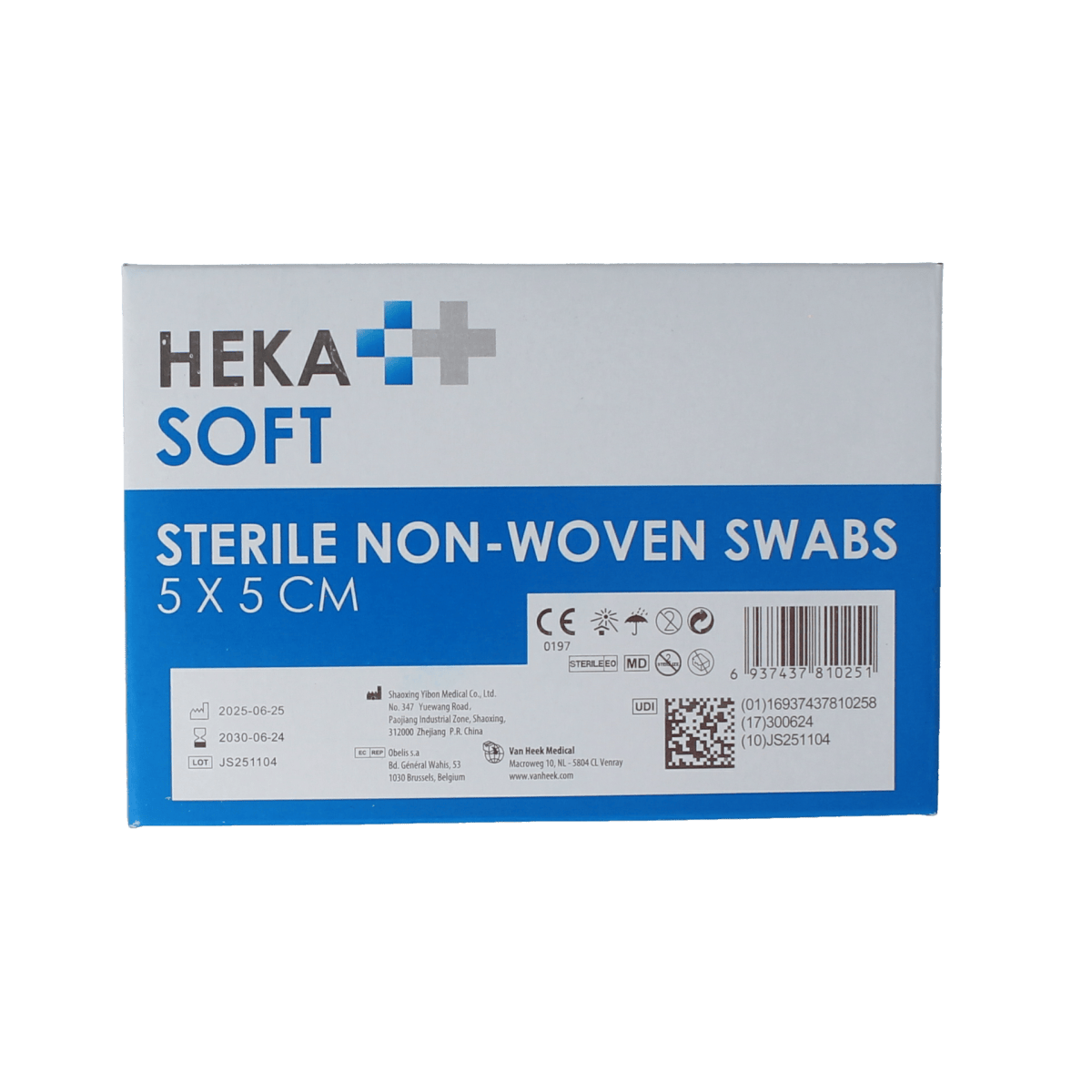 Heka Soft sterile non-woven compresses 5x5 cm, pack of 100 sterile gauze pads for wound care and medical use.