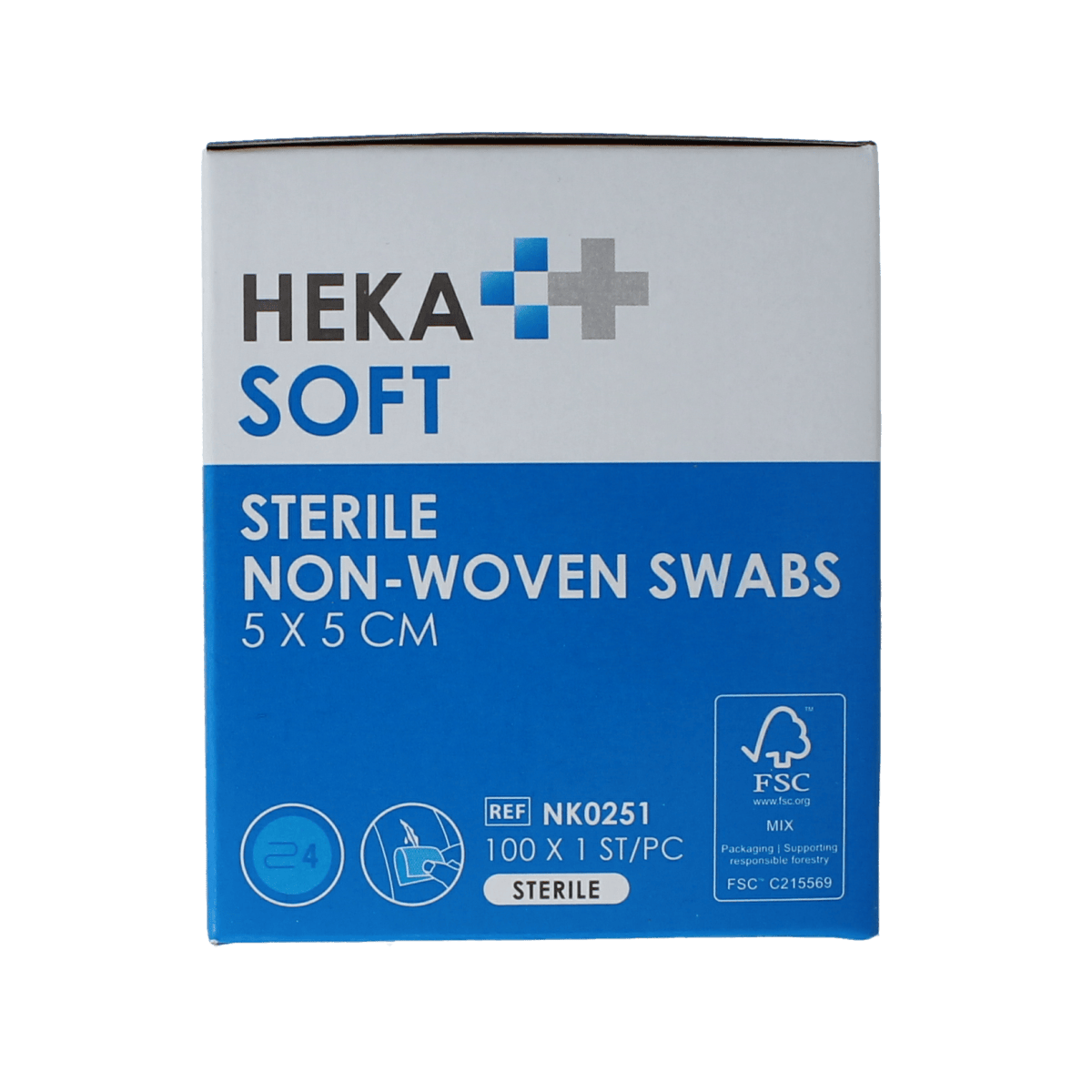 Heka Soft non-woven sterile compress 5x5 cm, pack of 100 sterile gauze and compresses for medical use.