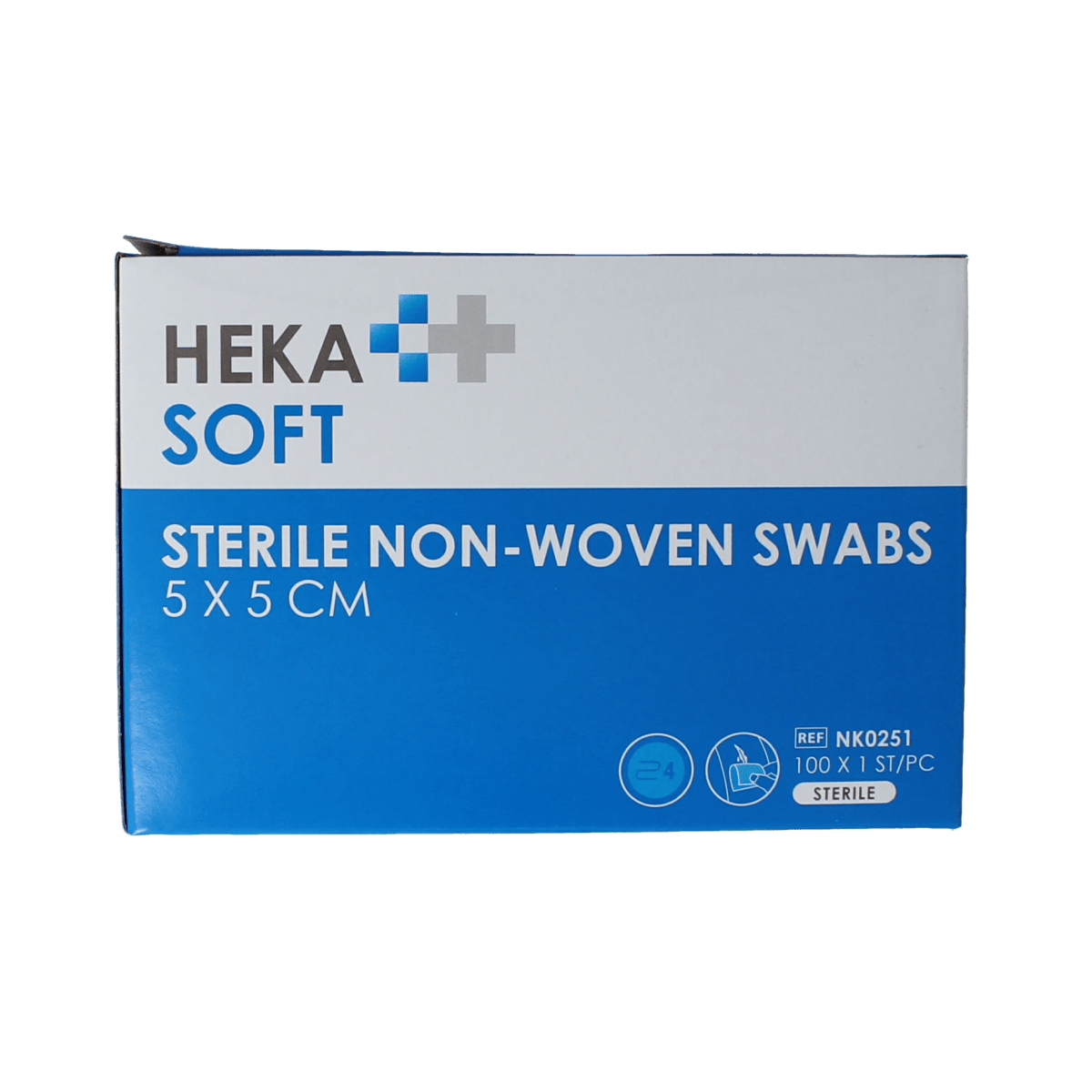 Heka Soft non-woven sterile compression gauze 5x5 cm, pack of 100 sterile gauze compresses for wound care.